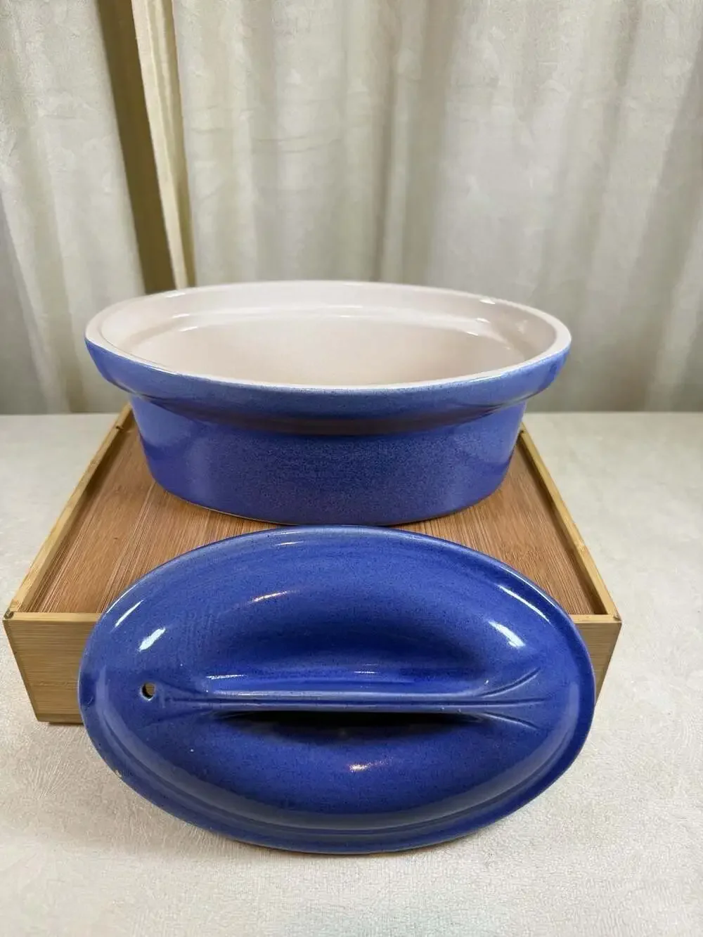 Vintage Emile Henry Marcigny France Blue Oval Covered Casserole Terrine Dish